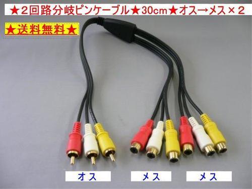 ★送料無料★２回路分岐ピンケーブル★30cm★オス→メス×２