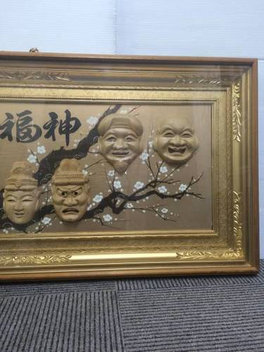 七福神 木彫り 顔額 面額 壁掛け 額装 飾り 装飾 縁起物 商売繁盛 工芸