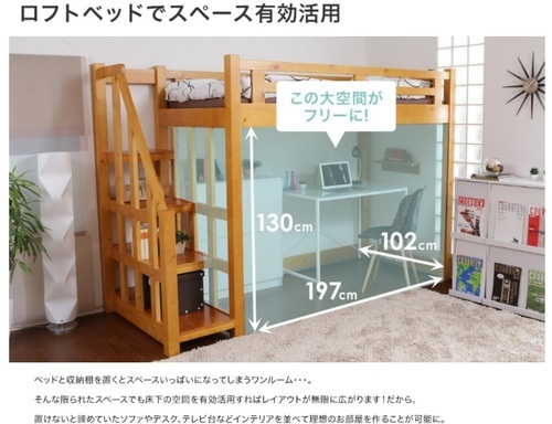 ロウヤ　木製ロフトベッド　階段タイプ ホワイト