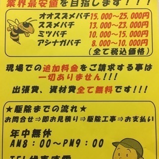 スズメバチ🐝アシナガバチ🐝蜂の巣駆除やります！