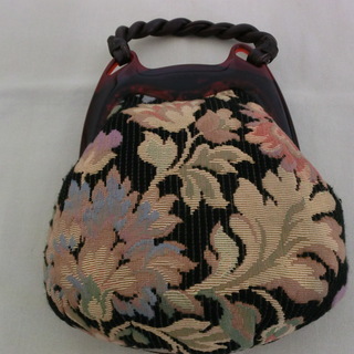 レトロ　ゴブラン織り×革ハンドバッグ　ゴブラン織りがま口バッグ　値下げの画像