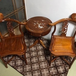 唐木家具 中華風 テーブル椅子セット 螺鈿細工透彫