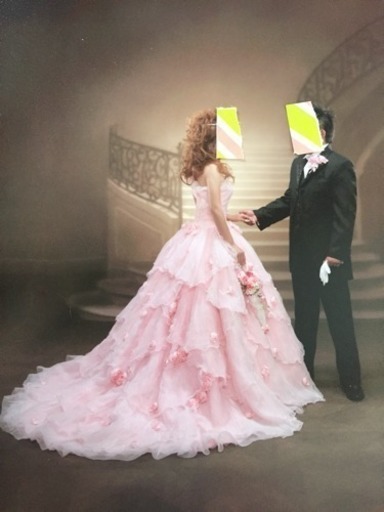 美品ピンク薔薇コサージュ付きウェディング カラードレス