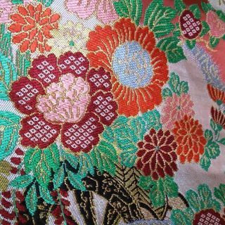 アンティーク☆名古屋帯 ピンク 菊 牡丹 御所車の画像