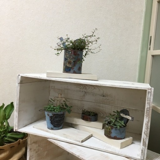 多肉植物・リメイク缶・りんご箱リメイクの花台 セット