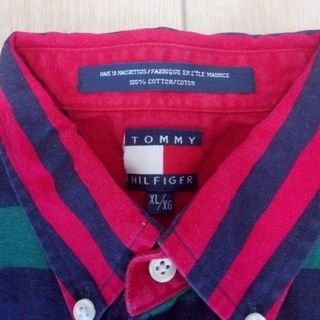 5激安❢美品❢委託品❢激レア❢TOMMY HILFIGERカラフルボーダーライン半袖シャツXLの画像