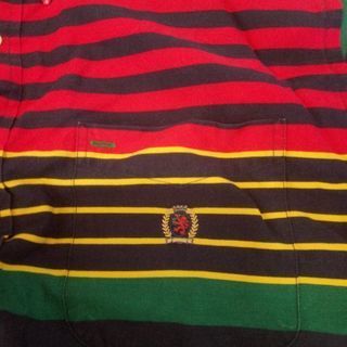 5激安❢美品❢委託品❢激レア❢TOMMY HILFIGERカラフルボーダーライン半袖シャツXLの画像