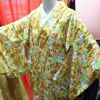 洗える着物☆小紋 袷 黄色 茶