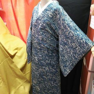正絹 小紋 袷 青地 風景文様
