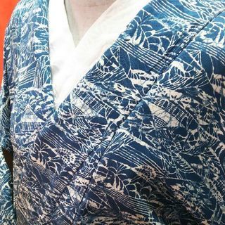 正絹 小紋 袷 青地 風景文様の画像