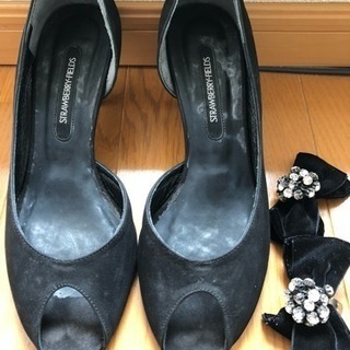 【美品】結婚式 本革 スエードヒール 黒 24㎝の画像