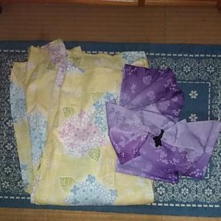 ★値下げ↓★＊ふじ色帯付き＊レモン色に紫陽花柄の浴衣＊