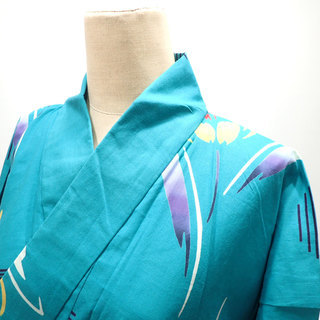 C262 中古 浴衣 青緑 花柄 帯付き レディース 夏祭り