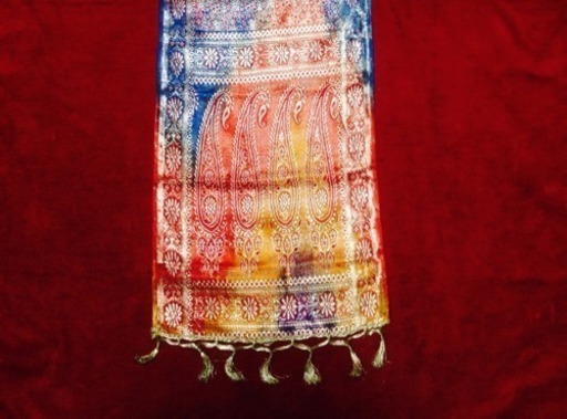 レインボー高級シルク金糸刺繍 ストール手織りセンターランナー未使用1点物