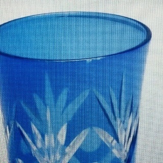 藍彩切子　一口グラス　2個組　木箱入り　ペア　内海産業　ガラス製 ビール お酒 コップ 冷酒 日本酒 2客 未使用品 の画像