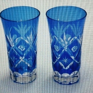 藍彩切子　一口グラス　2個組　木箱入り　ペア　内海産業　ガラス製 ビール お酒 コップ 冷酒 日本酒 2客 未使用品 の画像