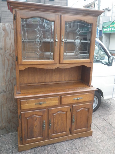 ■近隣配達可■アンティーク  ステンドグラス キャビネット イギリス製 食器棚 本棚 飾り棚 ショーケース 汚れ有