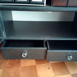 黒の木製オーディオボード　(ガラス扉)　棚板二段　引き出し二個付き　（テレビ台としても可）値下げ⤵️の画像