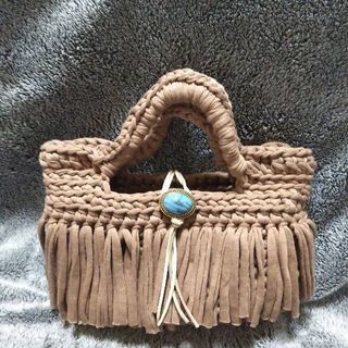 ズパゲッティ　フリンジ付きマルシェバッグ　キャメル