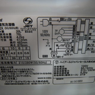 Haier 4.2kg 洗い 洗濯機  JW-K42K 2016年の画像