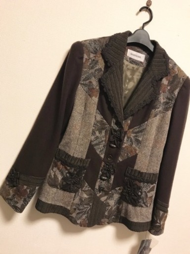 【新品】茶 黒 L M レトロ ジャケット 花柄 刺繍 コサージュ 秋冬 長袖