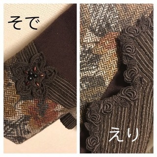 【新品】茶 黒 L M レトロ ジャケット 花柄 刺繍 コサージュ 秋冬 長袖の画像