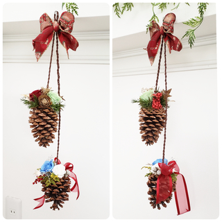 クリスマスフラワーアレンジメントレッスン　ハンギング松ぼっくりの画像