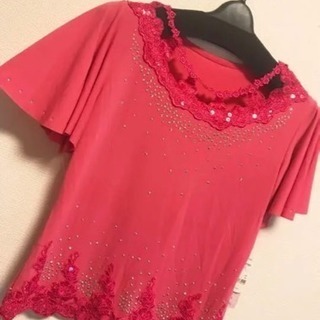 【新品】ピンク 赤 Tシャツ 半袖 刺繍 フリル ラメ L M ...