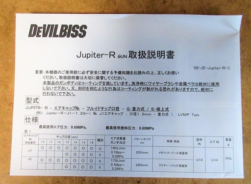 ☆デビルビス DEVILBISS JUPITER-R-J1-1.3-G メタリック・パール用スプレーガン◆霧の細かさとパターンの安定性