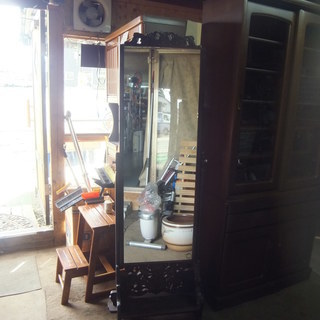 木製 木彫り 彫刻細工 壁掛 ミラー 鏡 姿見 スタンド 和装