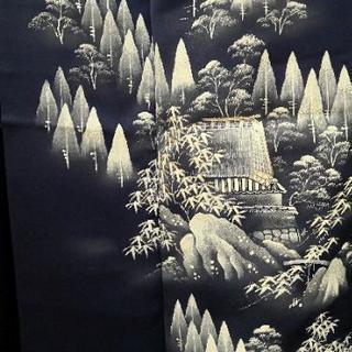 紺地風景模様正絹袷付け下げ訪問着の画像