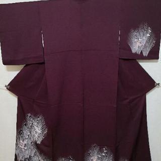 正絹 付け下げ 小豆色 草花刺繍 袷の画像