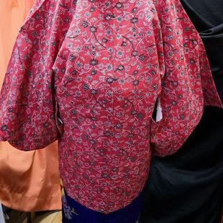 正絹 羽織り☆草花文様 朱色