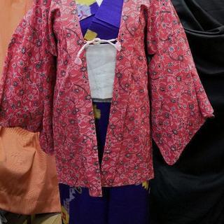 正絹 羽織り☆草花文様 朱色の画像