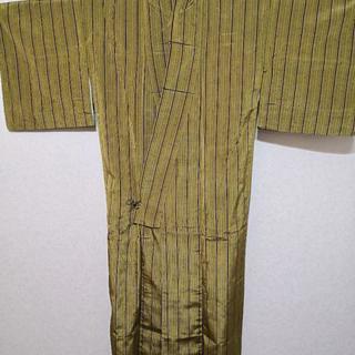 正絹 紬 袷 小紋 辛子色 縦縞の画像