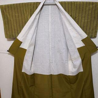 正絹 紬 袷 小紋 辛子色 縦縞の画像