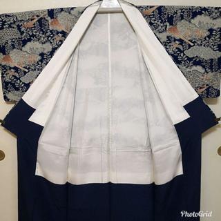 正絹袷小紋縮緬 青地に雉 丈長め 幅広の画像