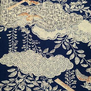 正絹袷小紋縮緬 青地に雉 丈長め 幅広の画像