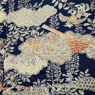 正絹袷小紋縮緬 青地に雉 丈長め 幅広の画像