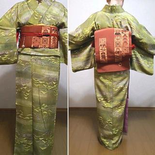 正絹袷小紋縮緬☆若草地に植物文様
