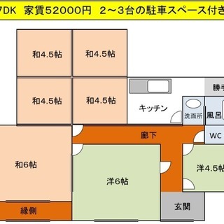 ７DK　家賃５００００円　２～３台の駐車スペース付き　戸建て物件