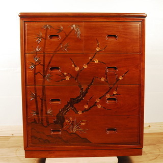 7577 美品 本花梨 指物 箪笥 チェスト 木象嵌 吉祥 竹 ...