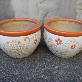 花柄(オレンジ)大型植木鉢×2個セット