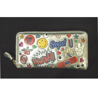 本物 ANYA HINDMARCH/アニヤ・ハインドマーチ ラウンドファスナー 長財布 シルバー