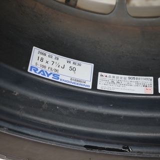 値下！！　RAYS RE30 18インチ×7.5J　50　P.C.D100　&タイヤ235/50R18　中古美品の画像