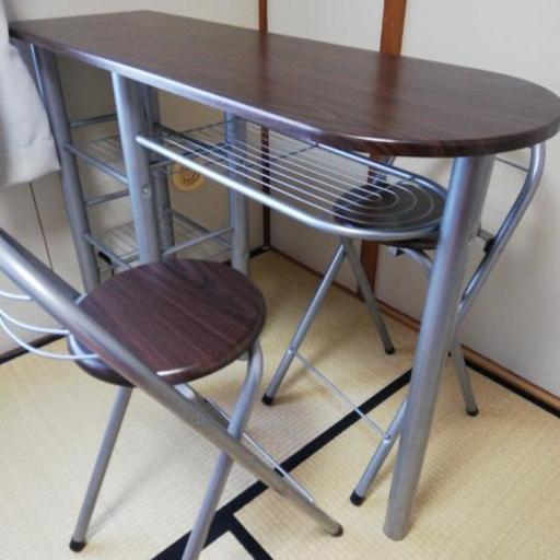 引き取りお願い致します＼(^^)／カウンターテーブル★折り畳みチェア 2脚付き★お洒落なダークブラウン★