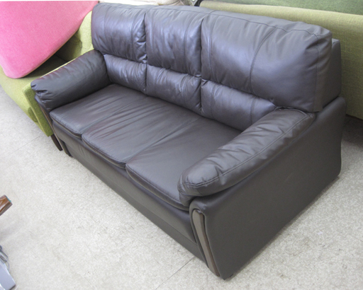 PayPay対応 ３人掛けソファ 本革 合皮 ダークブラウン 肘掛け付き ゆったり こげ茶  リビング 札幌市西区西野