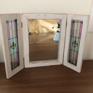 【美品】ステンドグラス ミラー 木 木製