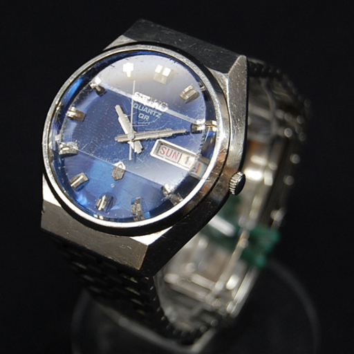 ジャンク扱い SEIKO セイコー 38クオーツ クオーツQR 3針 メンズ デイデイト ブルーダイヤル カットガラス 1970年代 アンティーク 電池切れ ☆ PayPay(ペイペイ)決済可能 ☆ 札幌市 清田区 平岡