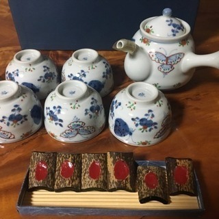 ☆美品☆有田焼？？お茶 カップ 湯呑み 急須 セット☆箸置き☆茶道☆器三昧☆黒陶灰かぶり☆一方なぶり方口鉢☆